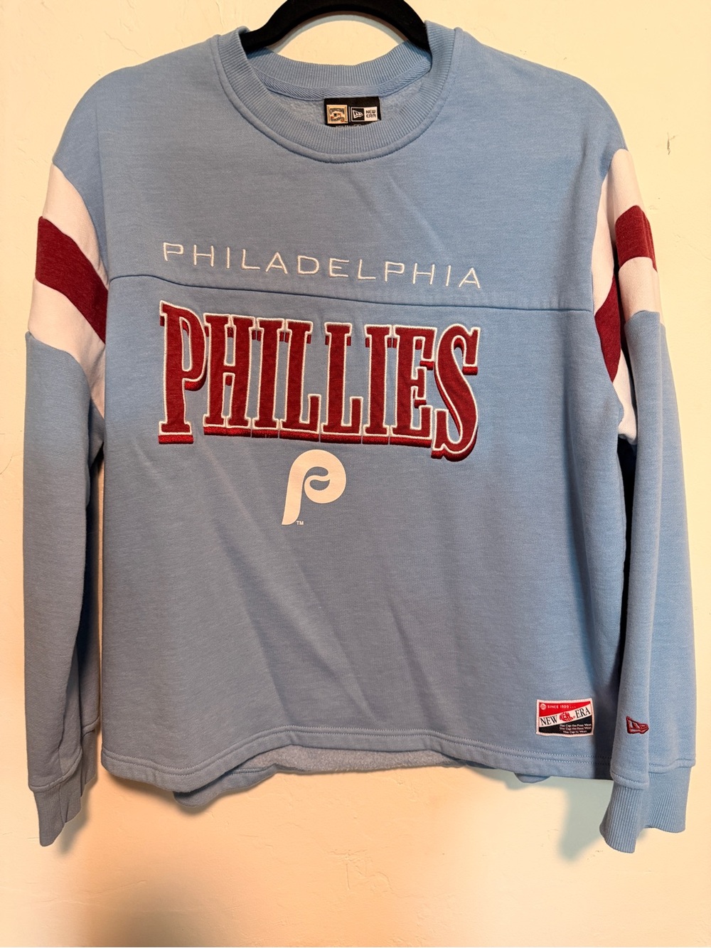 New Era Light Blue Phillies Crewneck Sweatshirt with Red & White Accents